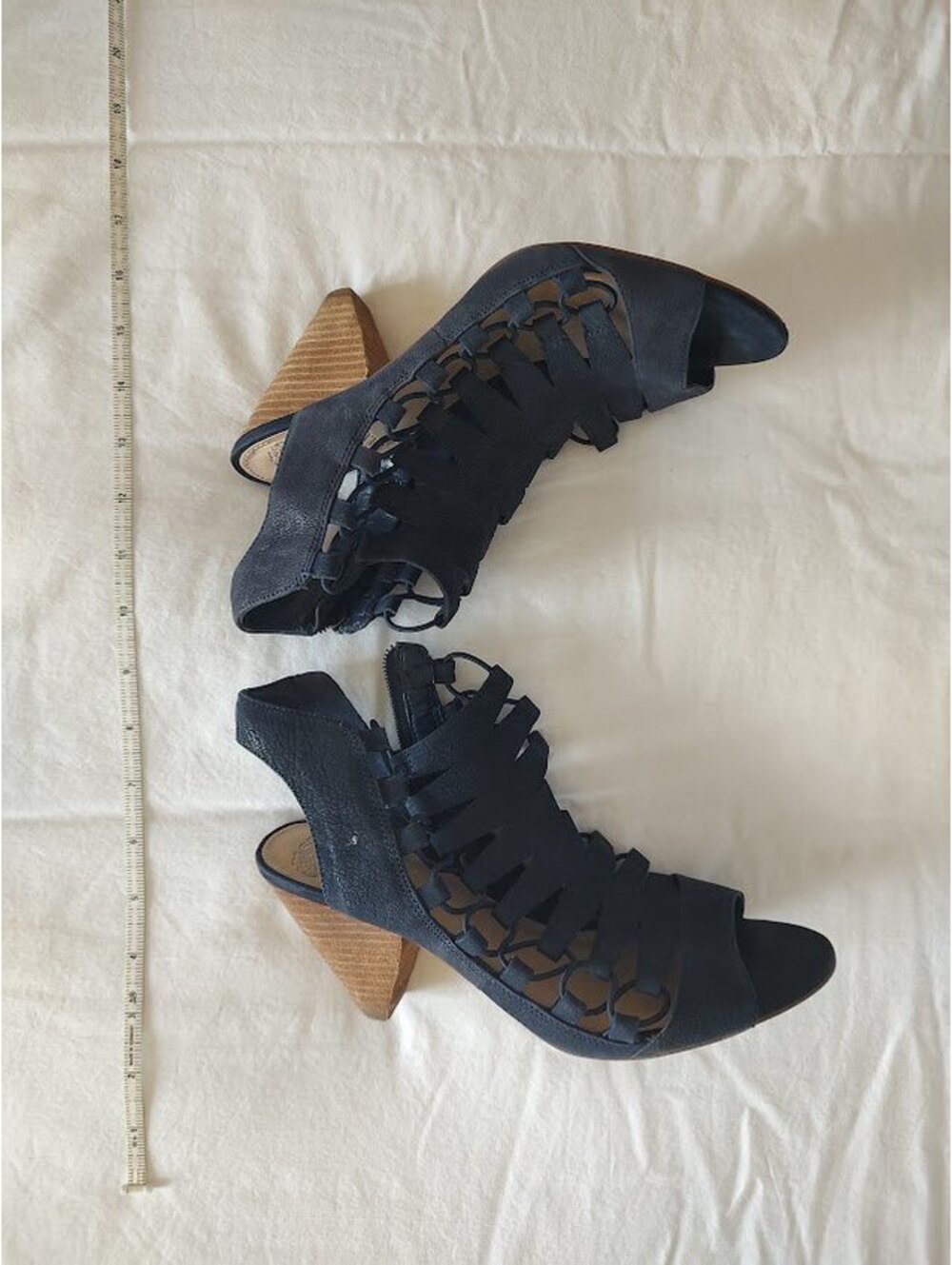 Vince Camuto Navy Leather Eliaz Cone Heeled Dress Sandal Sz7 #gladiator #peeptoe